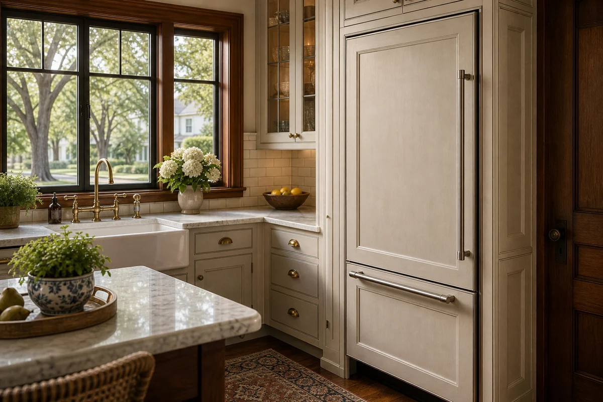 Panel-front Sub-Zero built-in set into original 1920s cabinetry in an Avondale kitchen near the Shoppes of Avondale