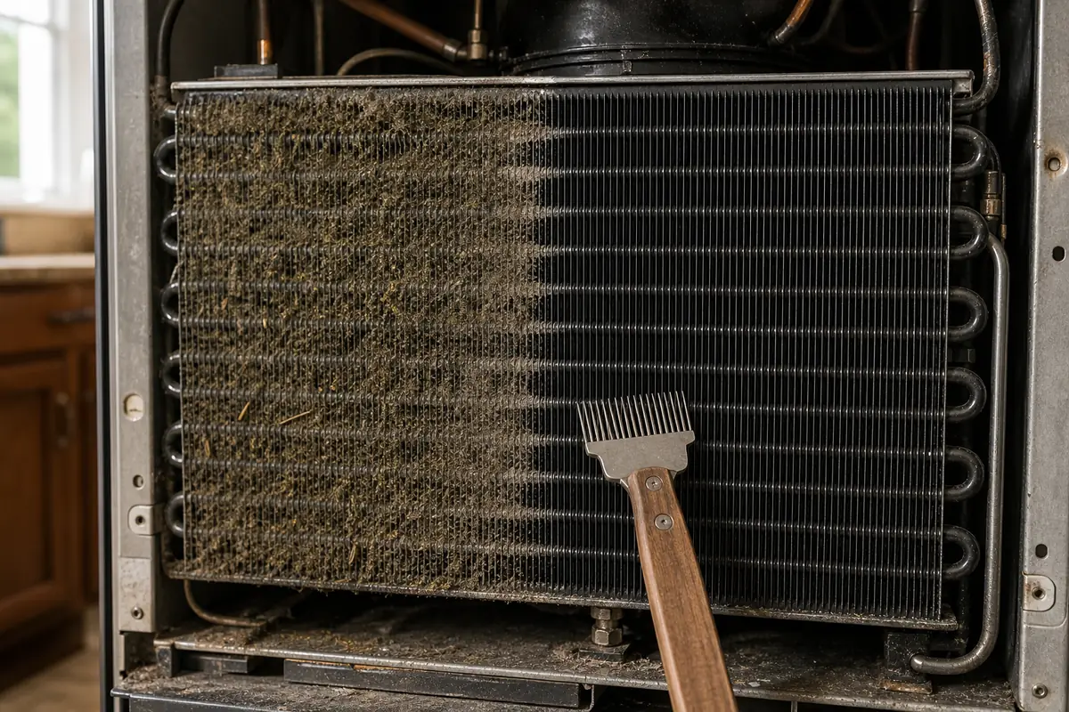 Condenser coil from a Sub-Zero 600 series half cleared of dust and oak pollen during a service visit in Avondale
