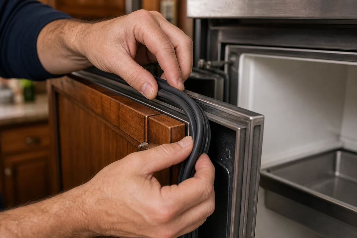 New magnetic door gasket being seated into the retainer of a panel-front Sub-Zero in an Avondale kitchen