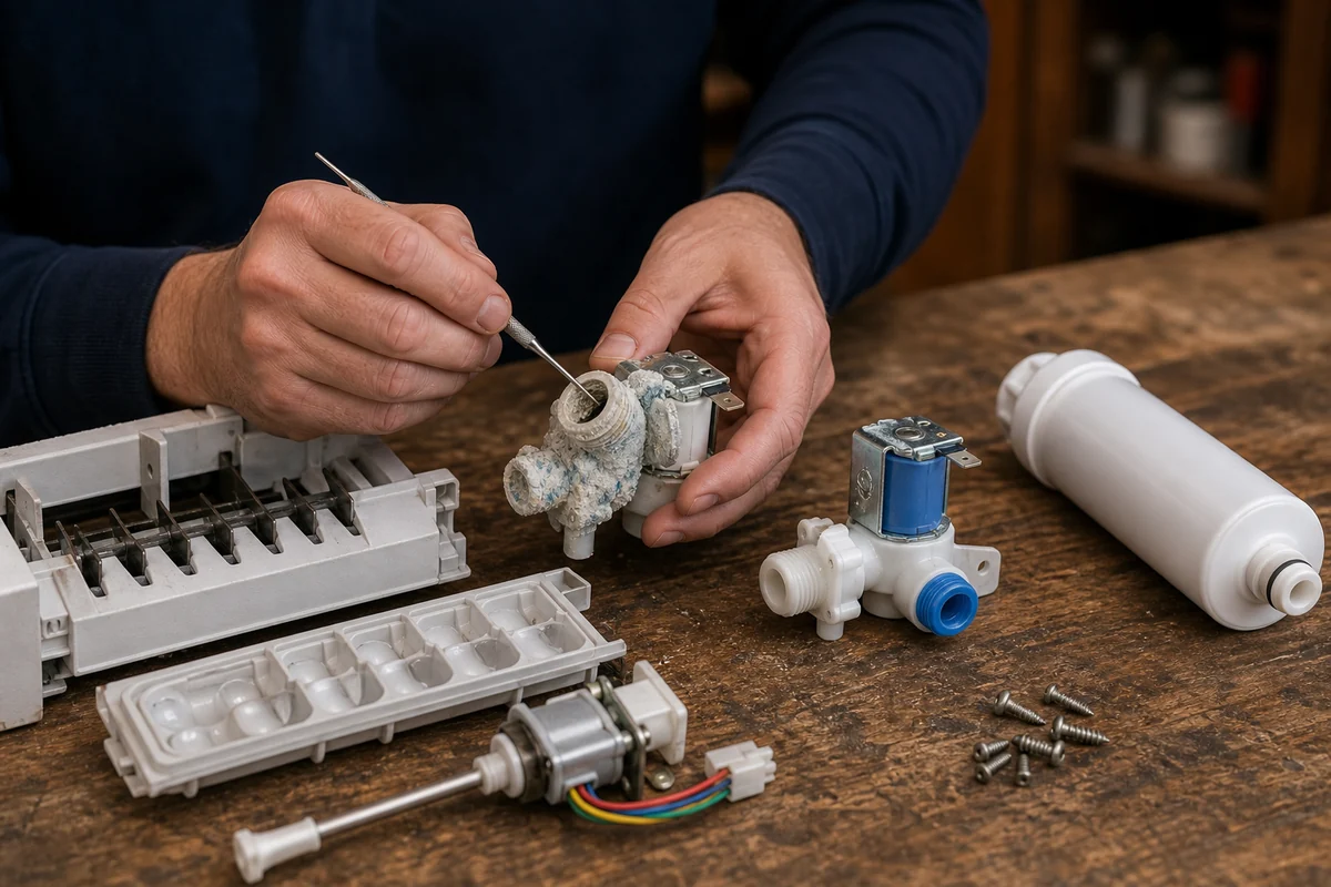 Sub-Zero ice maker assembly disassembled on the workbench with a scale-crusted fill valve beside it