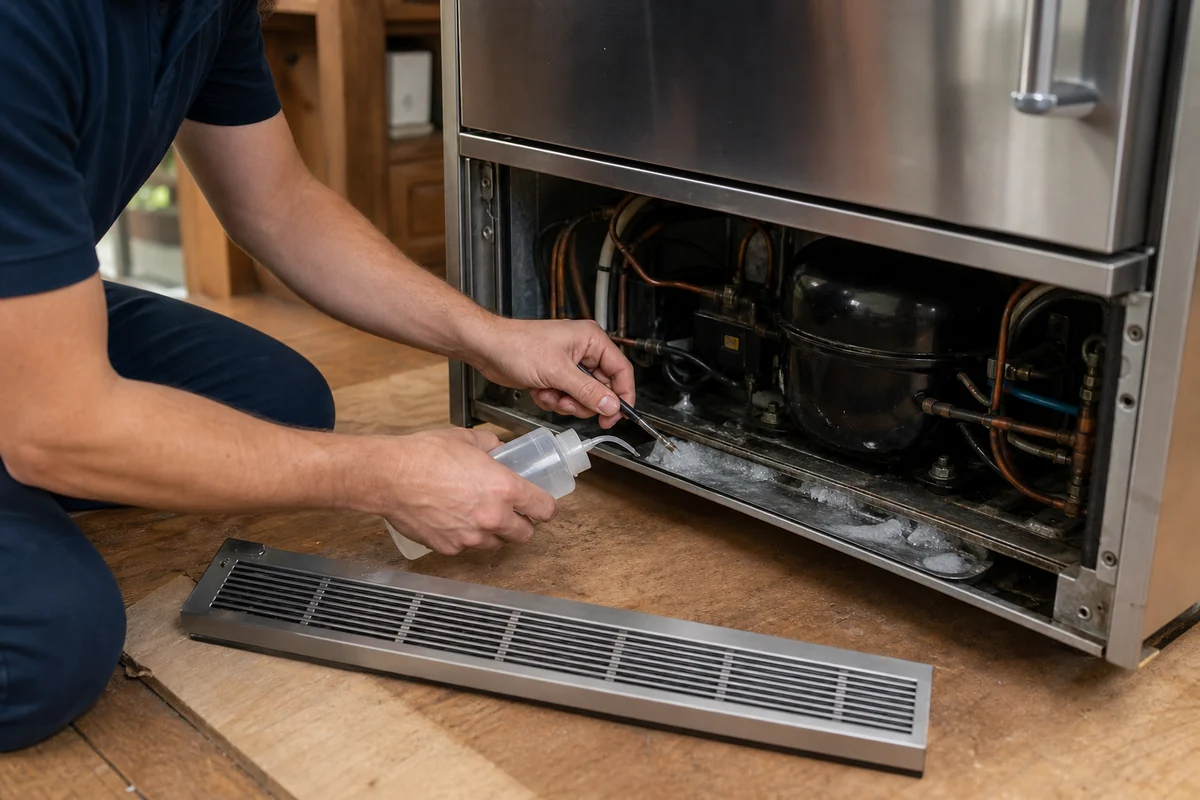 Sub-Zero model 550 over-and-under refrigerator with its compressor bay opened for service
