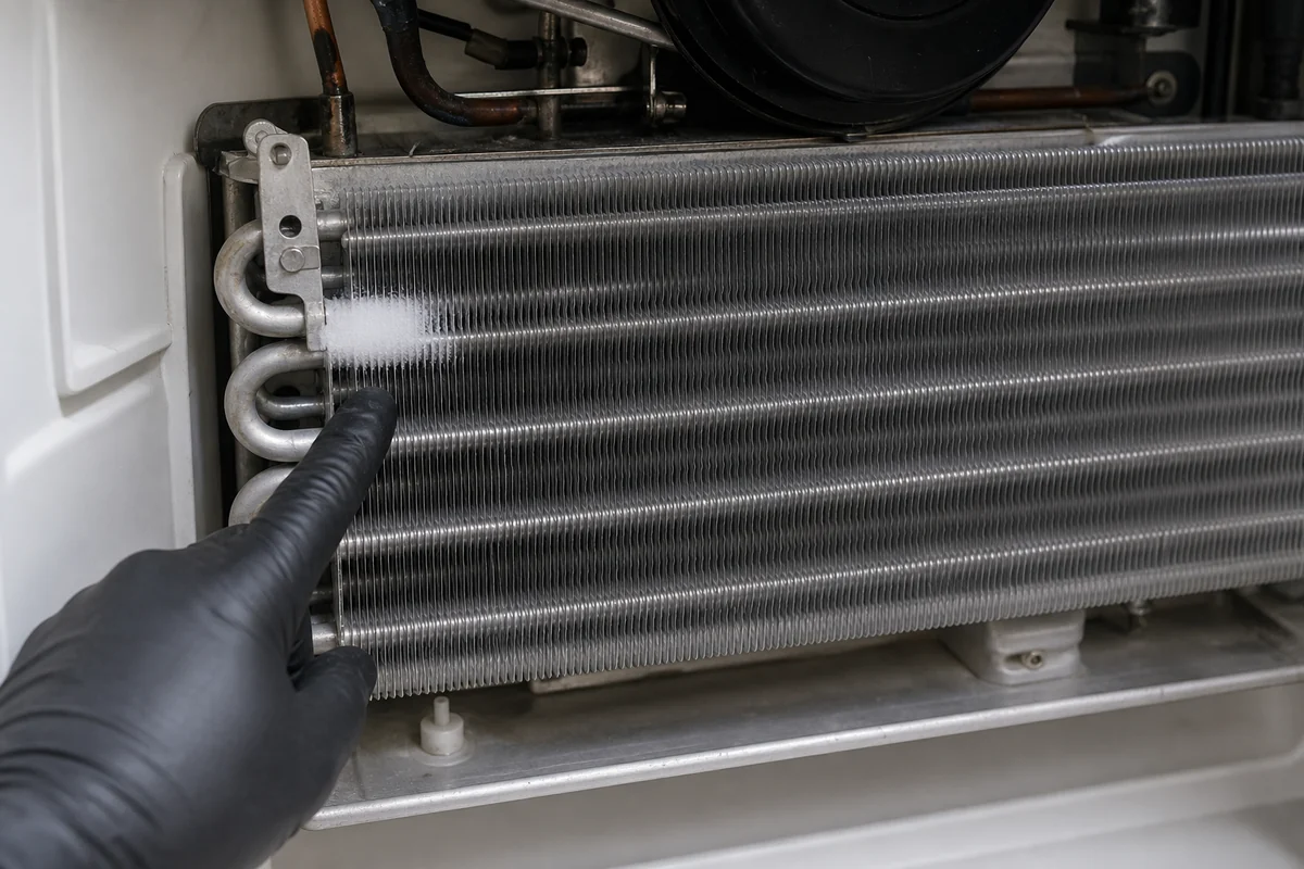 Sub-Zero model 561 bottom-mount unit showing a partial frost pattern on the fridge-side evaporator