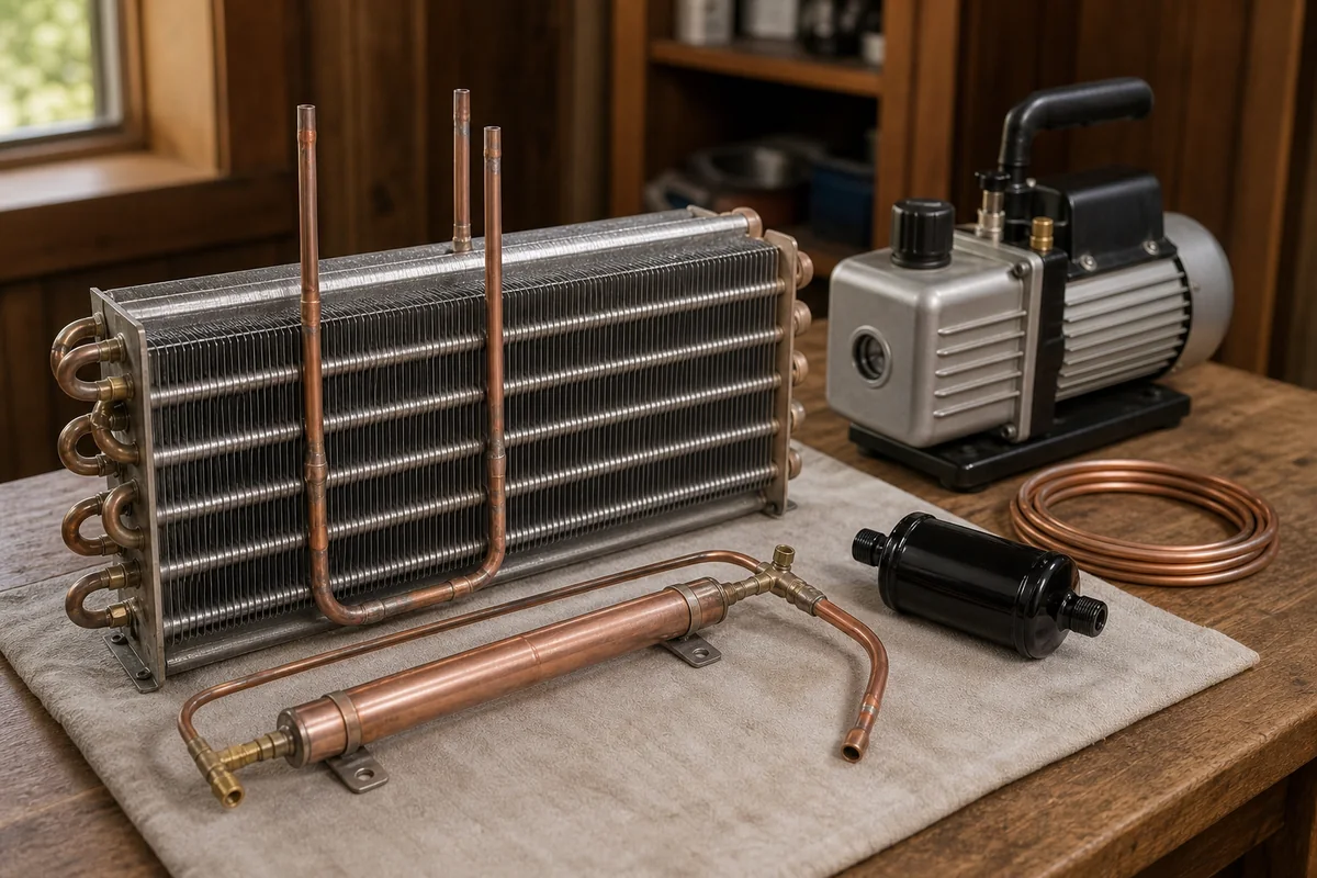 Vintage Sub-Zero evaporator and heat exchanger laid out on the workbench during a sealed-system rebuild in the Ortega shop