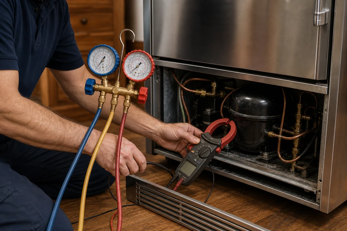 Technician reading compressor amp draw on a vintage Sub-Zero with the lower grille removed in an Ortega kitchen