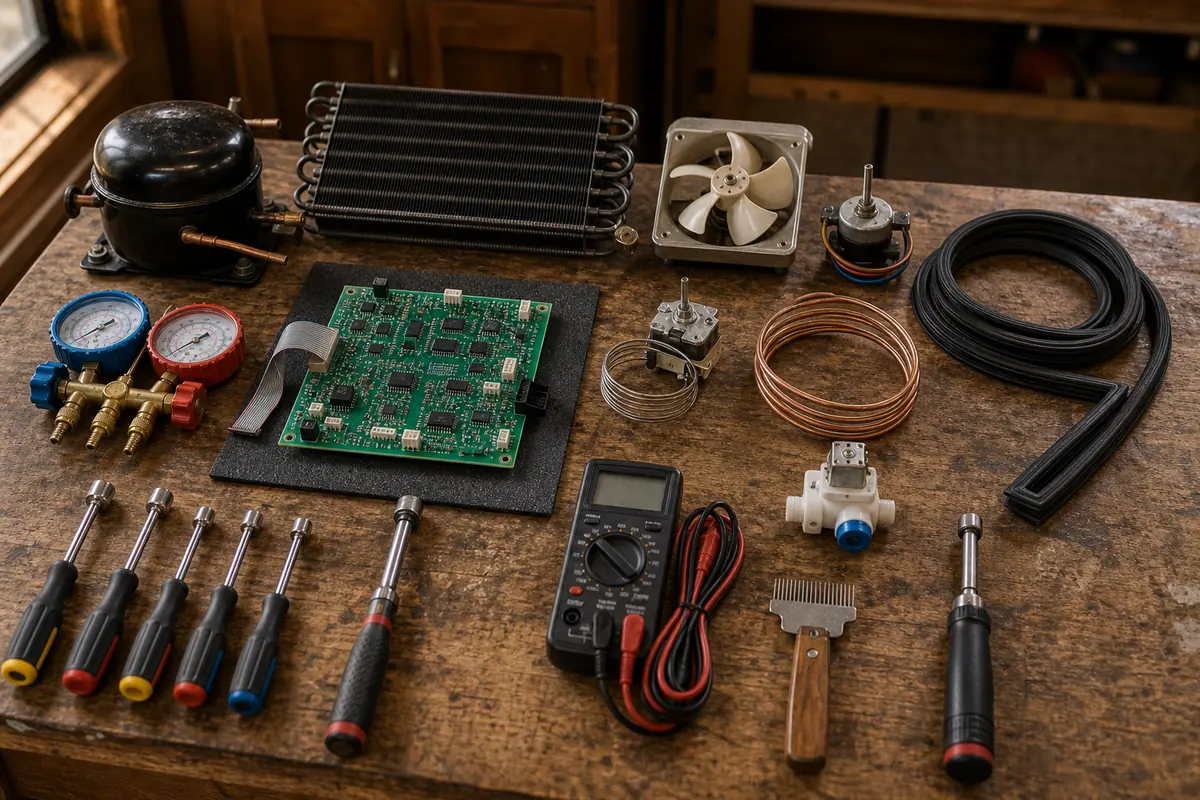 The Ortega workbench with vintage Sub-Zero parts, boards, and hand tools laid out for a restoration