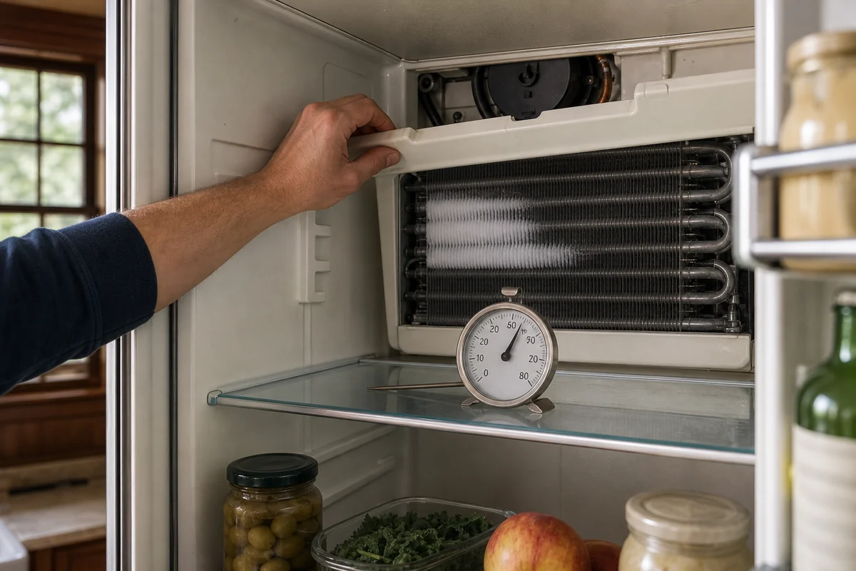 Technician checking a warm Sub-Zero compartment with a thermometer during a same-week service call in Ortega